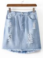 Romwe Blue Pockets Zipper Ripped Raw-edge Hem Skirt