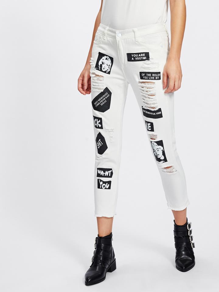 Romwe Extreme Distressing Slogan Print Jeans