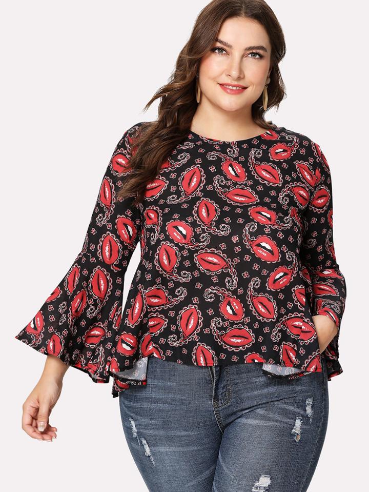 Romwe All Over Lip Print Flounce Sleeve Blouse