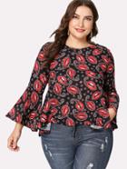 Romwe All Over Lip Print Flounce Sleeve Blouse