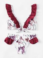 Romwe Flower Print Ruffle Bikini Set