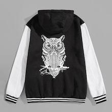 Romwe Guys Owl Print Striped Trim Drawstring Hooded Jacket