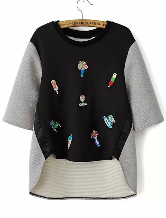 Romwe Colour-block Embroidered Dipped Hem Sweatshirt