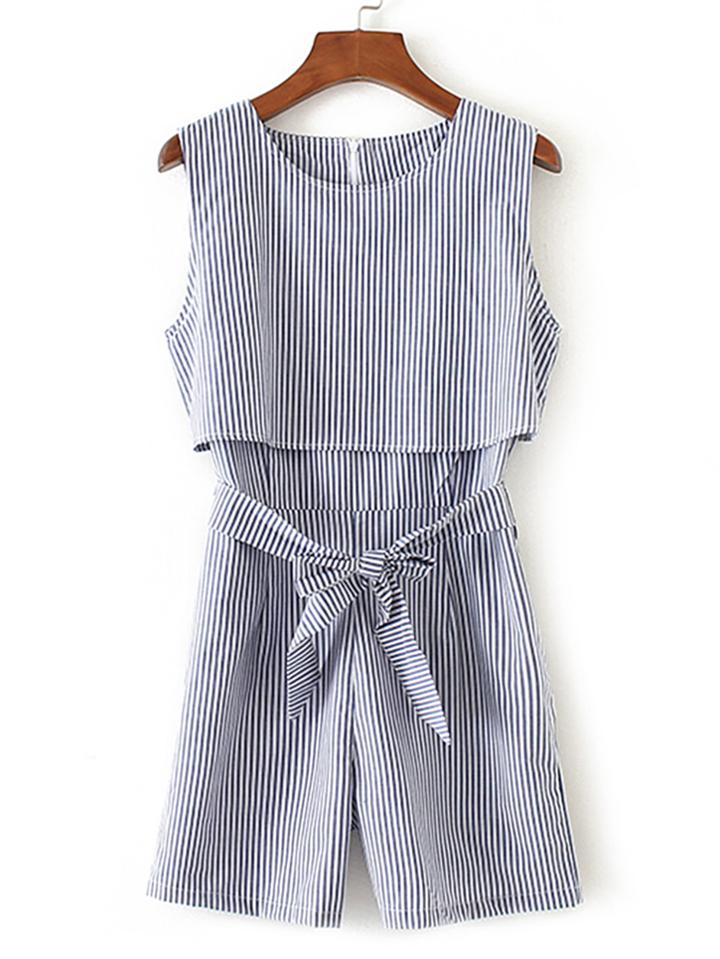 Romwe Vertical Striped Bow Tie Waist Playsuit