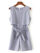 Romwe Vertical Striped Bow Tie Waist Playsuit