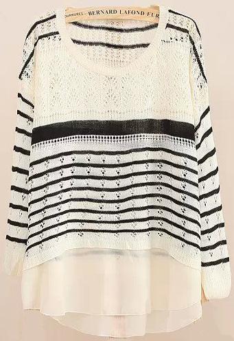 Romwe White Long Sleeve Striped Loose Knitwear