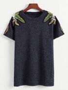 Romwe Tropical Embroidered Shoulder Tee