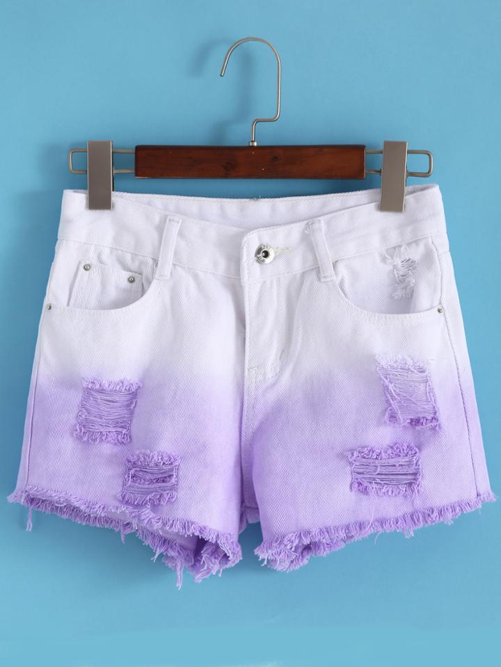 Romwe Ripped Fringe Denim Color-block Shorts