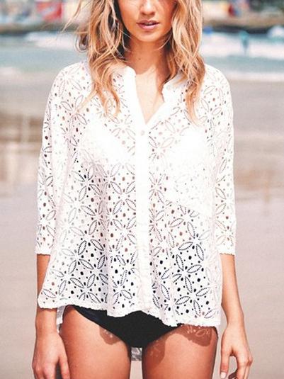 Romwe White Hollow Three Quarter Length High Low Blouse