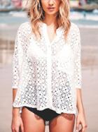 Romwe White Hollow Three Quarter Length High Low Blouse