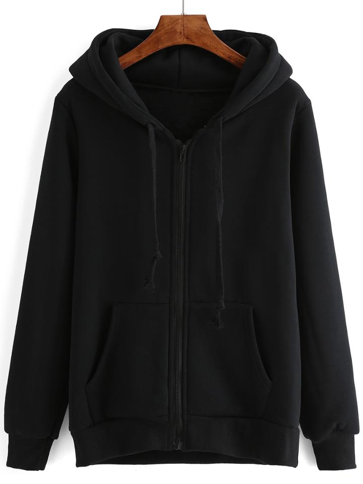 Romwe Hooded Drawstring Zipper Black Sweatshirt