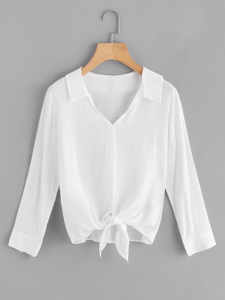Romwe V Neckline Knot Front Shirt