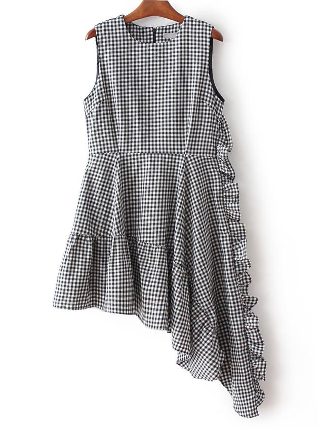 Romwe Black And White Plaid Asymmetric Ruffle Hem Dress