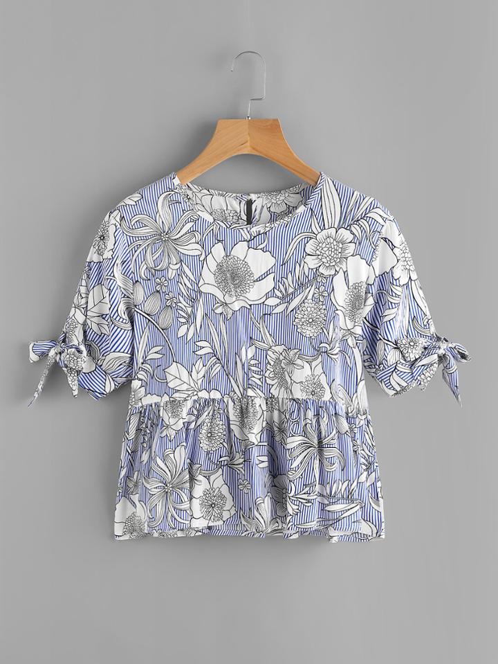 Romwe Random Florals Bow Tie Cuff Frill Hem Blouse