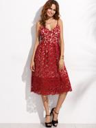 Romwe Red Embroidered Lace Overlay Cami Dress