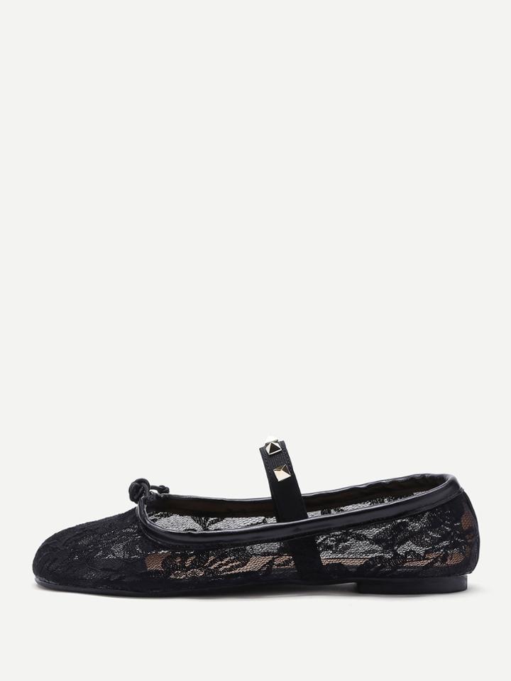 Romwe Bow Tie Detail Lace Ballet Flats With Studded