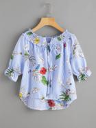 Romwe Vertical Striped Jungle Print Top With Shirring