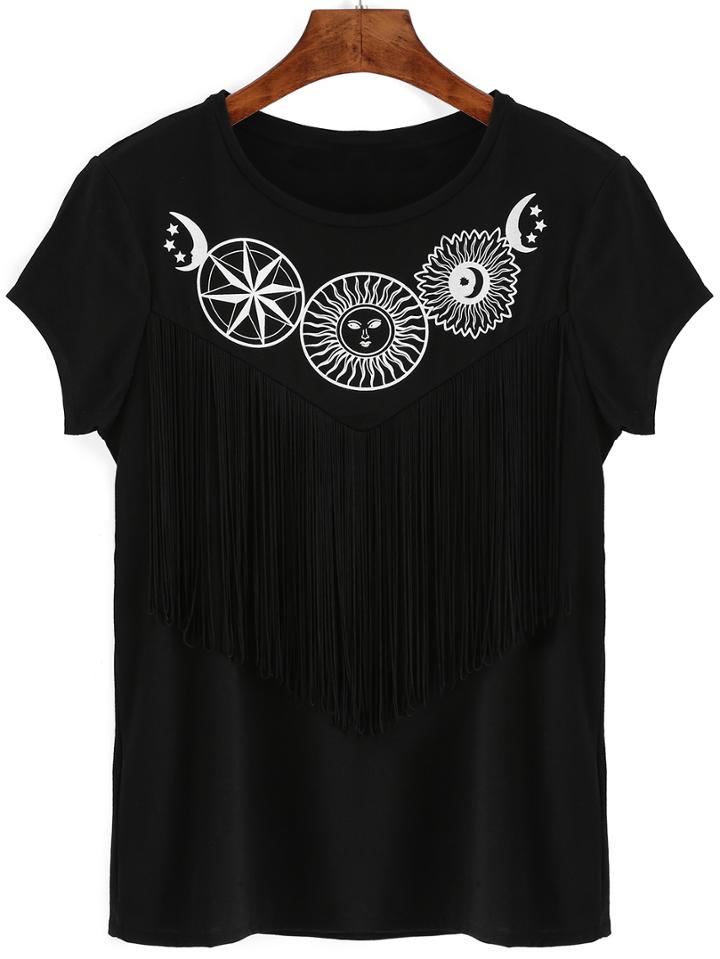 Romwe Stars Moon Sun Print Fringe T-shirt