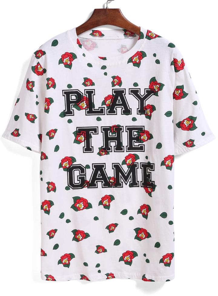 Romwe Flower Letter Print White T-shirt