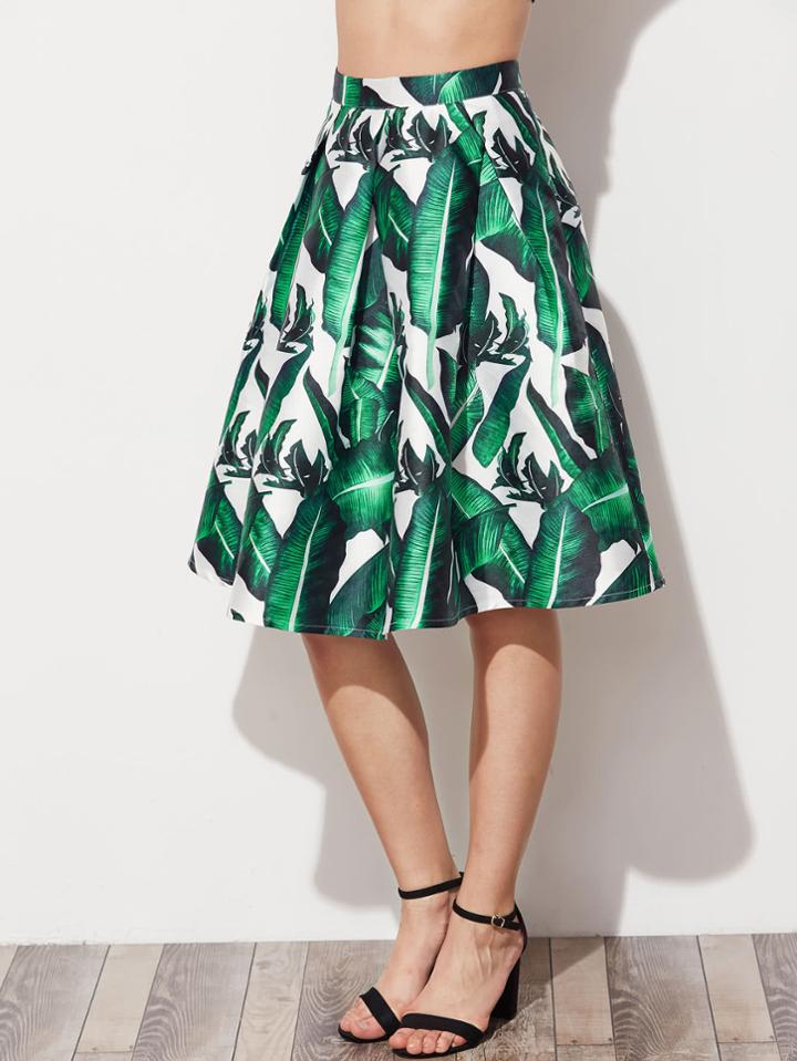 Romwe Jungle Leaf Print Box Pleated Flared Skirt
