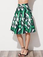 Romwe Jungle Leaf Print Box Pleated Flared Skirt