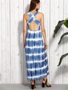 Romwe Blue Tie-dye Criss Cross Back Cutout Dress