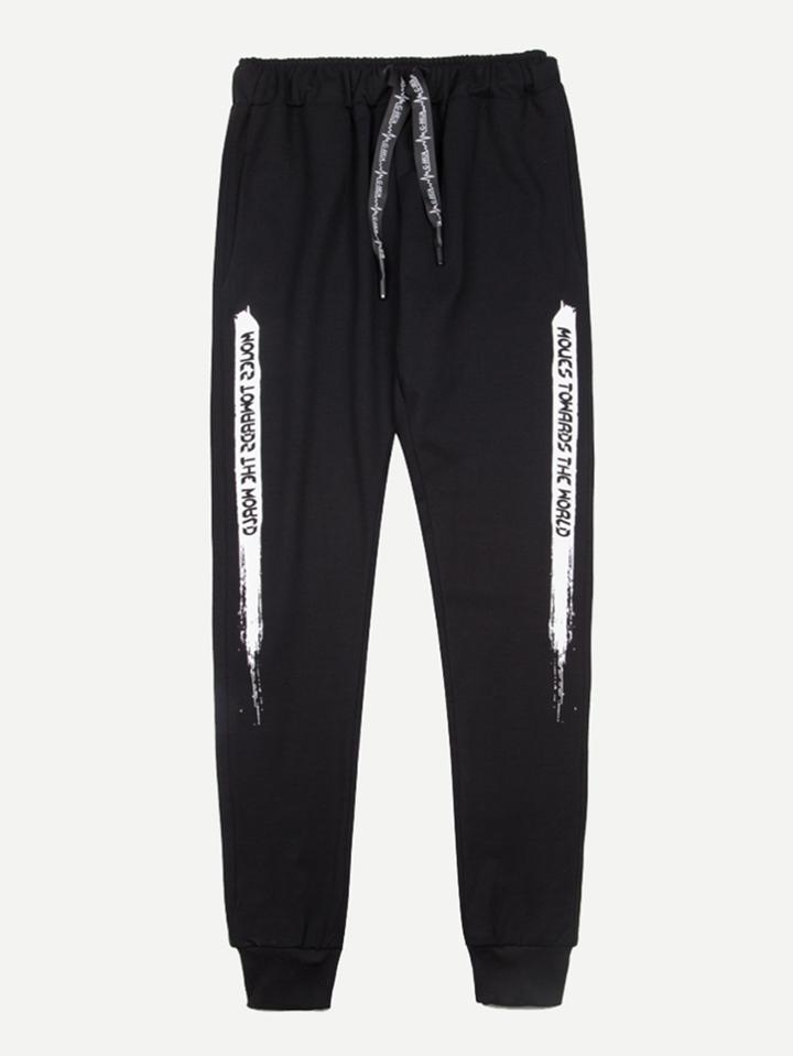 Romwe Men Letter Print Elastic Waist  Pockets Pants