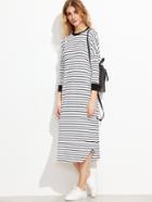 Romwe White Striped Contrast Trim Drop Shoulder Tee Dress