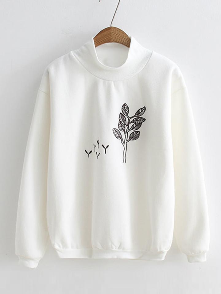 Romwe Embroidery Detail High Neck Sweatshirt