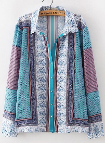 Romwe Blue Lapel Long Sleeve Vintage Floral Blouse