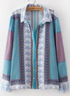 Romwe Blue Lapel Long Sleeve Vintage Floral Blouse