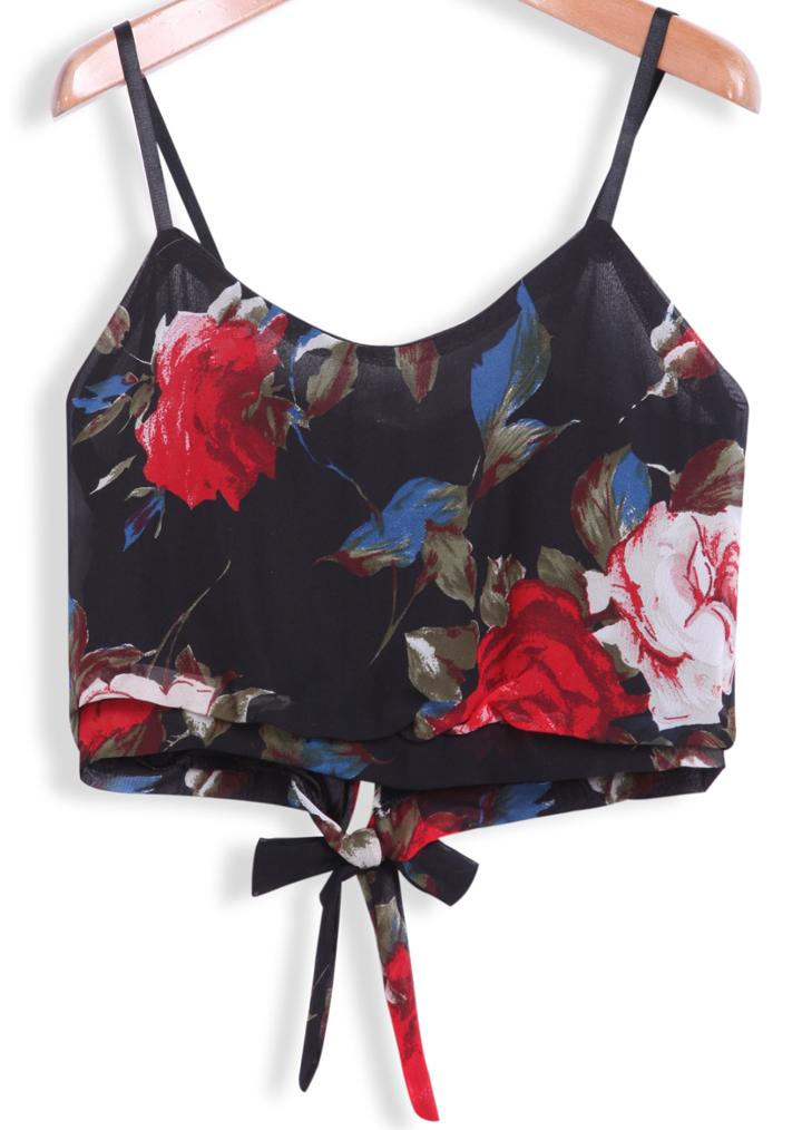 Romwe Spaghetti Strap Floral Knotted Black Cami Top