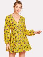 Romwe Botanical Print Bishop Sleeve Dress