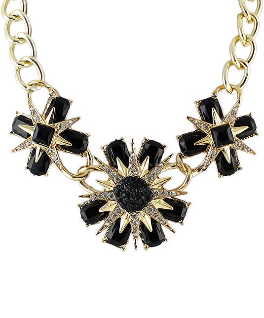 Romwe Black Flower Gemstone Gold Necklace