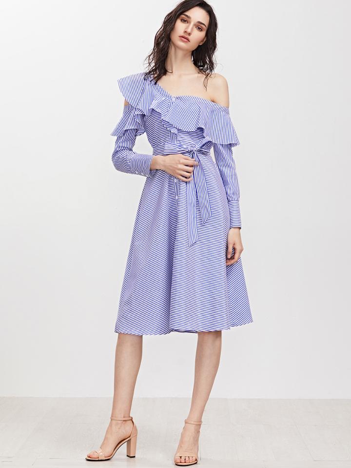 Romwe Blue Striped Asymmetric Ruffle Off The Shoulder Belted Shirt Dress