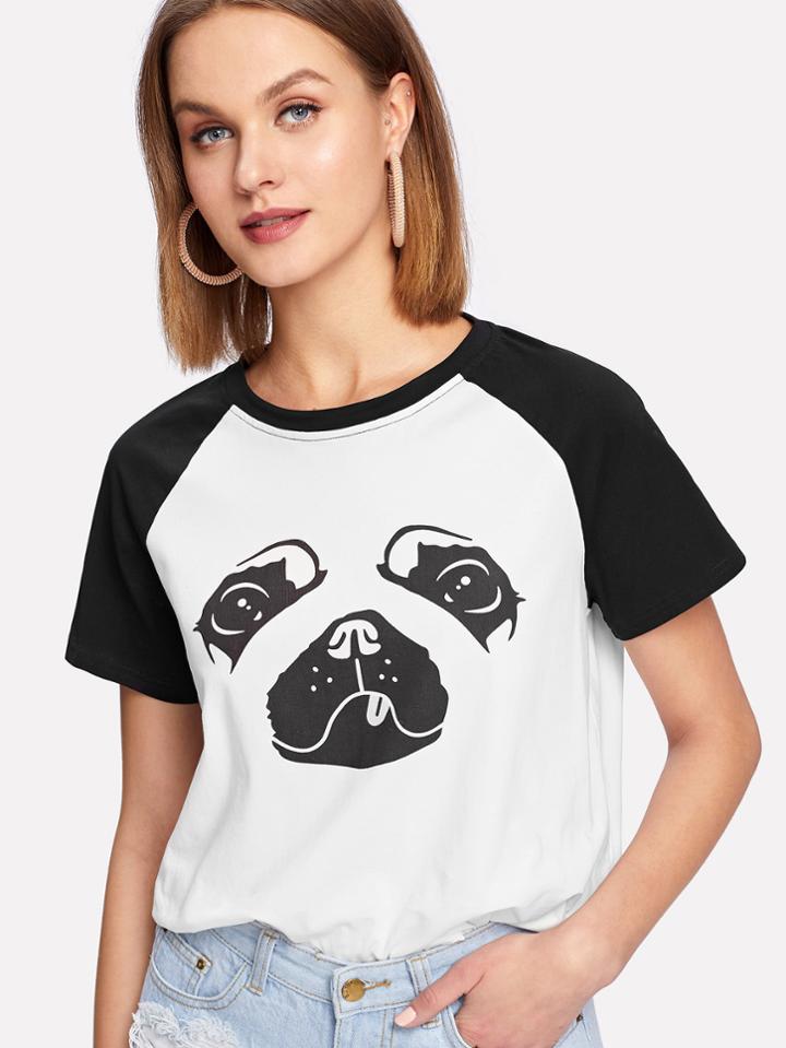 Romwe Dog Print Raglan Sleeve Tee