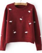 Romwe Ostrich Embroidered Wine Red Sweater