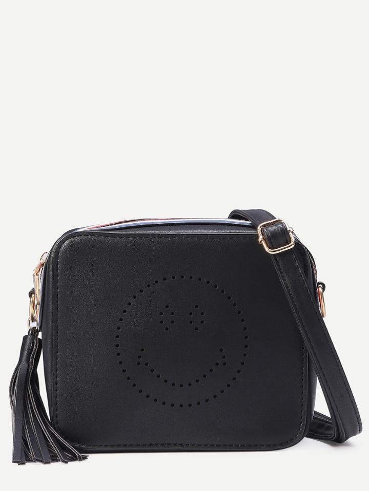 Romwe Black Tassel Trim Laser Cutout Smiley Square Crossbody Bag