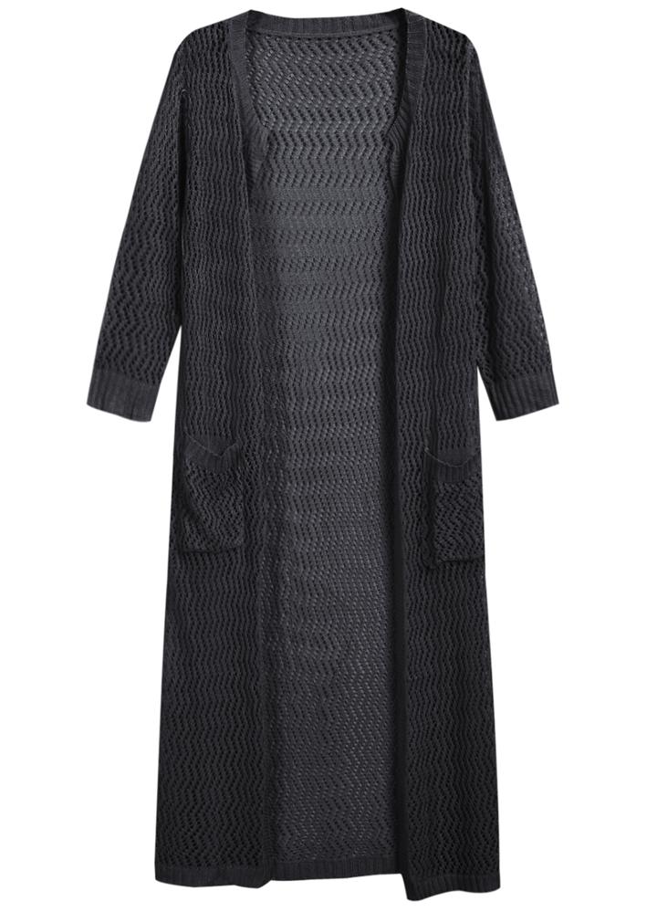 Romwe Sheer Mesh Hollow Pockets Black Cardigan