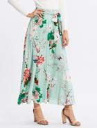 Romwe Self Belted Floral Skirt