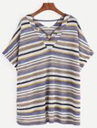 Romwe Multi Stripe V Neck Dropped Shoulder T-shirt