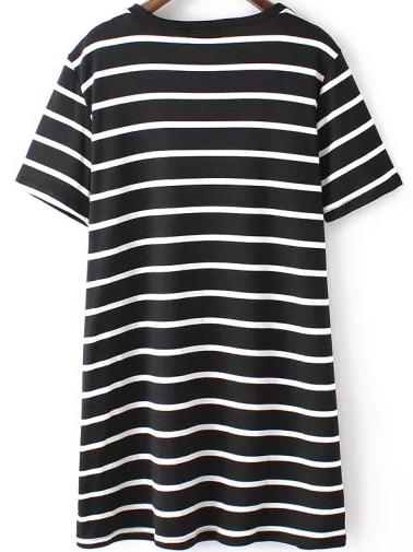 Romwe Striped Long Black T-shirt