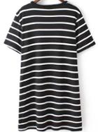 Romwe Striped Long Black T-shirt