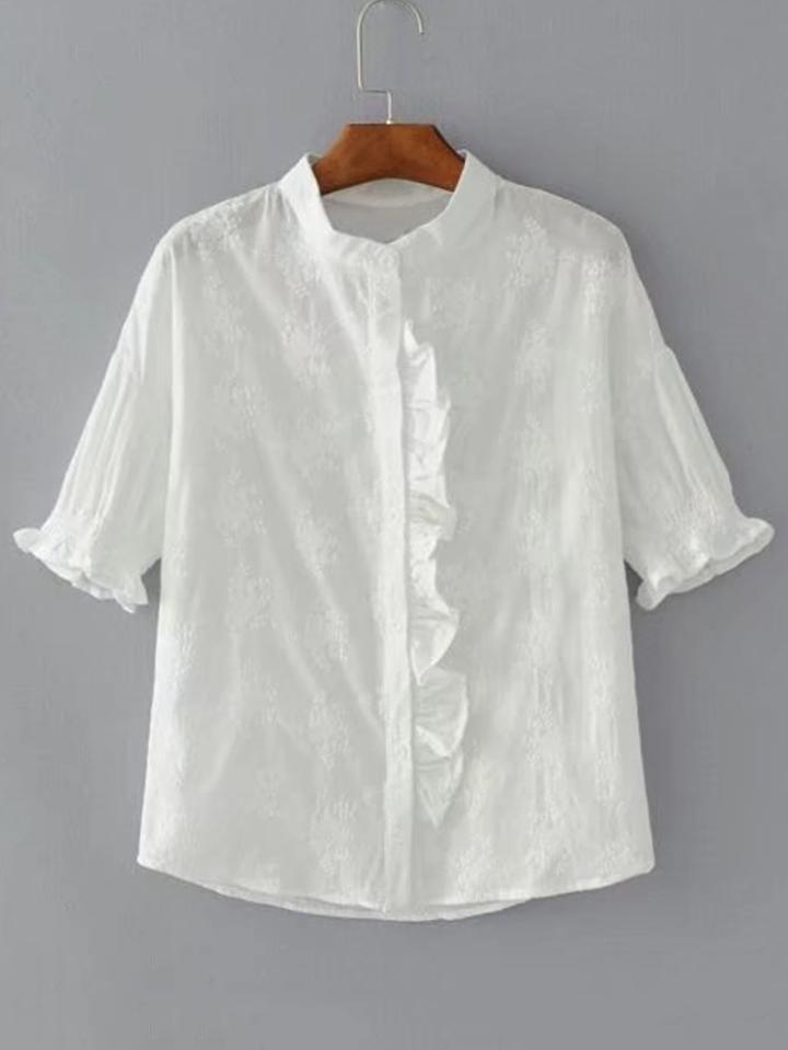 Romwe Elastic Cuff Frill Trim Blouse