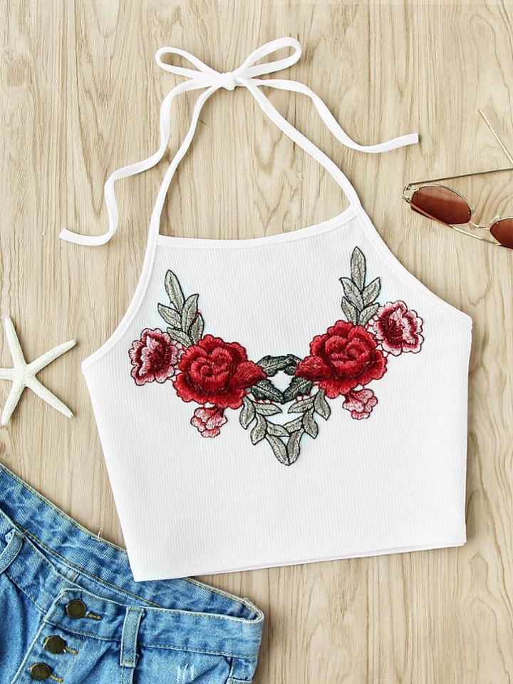 Romwe Halter Neck Rose Embroidered Applique Ribbed Top