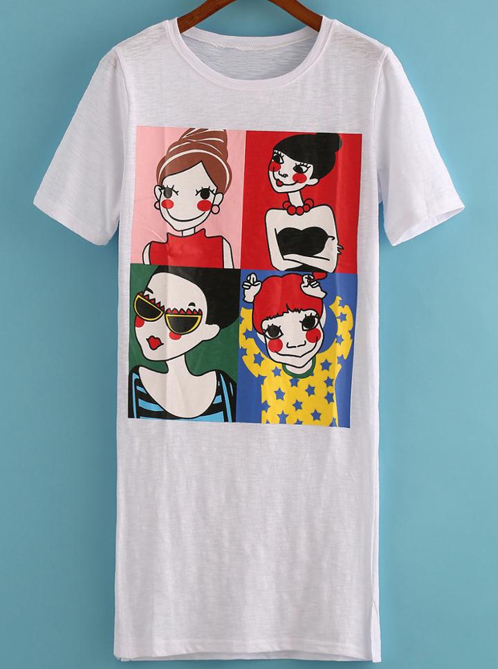 Romwe Cartoon Print Shift White Dress