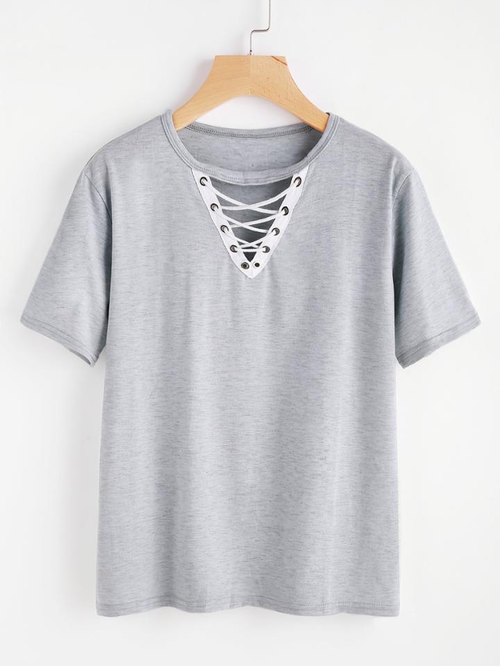 Romwe Criss Cross V Cut Slub Tee