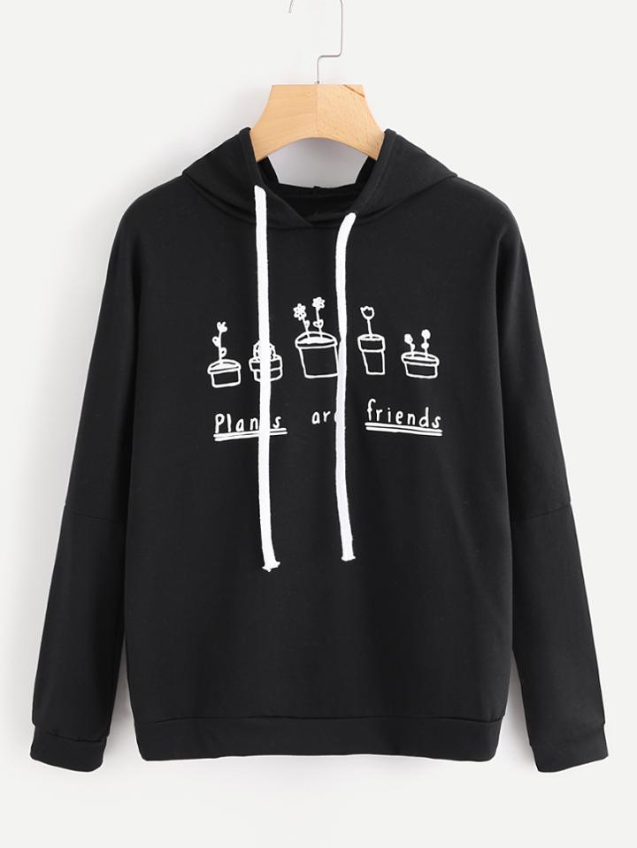 Romwe Plants And Letters Print Hoodie