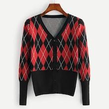 Romwe Single Breasted Argyle Sweater Coat