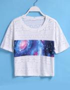 Romwe Galaxy Print Crop Lace T-shirt